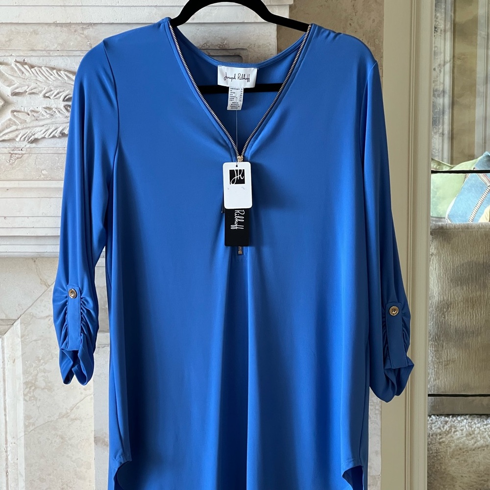 JOSEPH RIBKOFF Zippered V-Neckline Jersey  Tunic Top Aegan Sea Blue Size 12